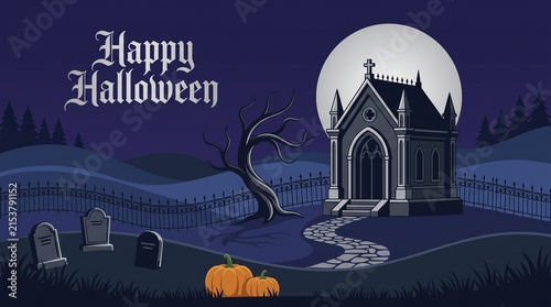 Spooky halloween background featuring a haunted gothic chapel in a graveyard under a full moon at night