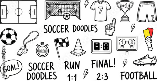 Soccer and Football Match Hand Drawn Doodle Vector Set with Pitch Layout Jersey Trophy and Scoreboard Icons