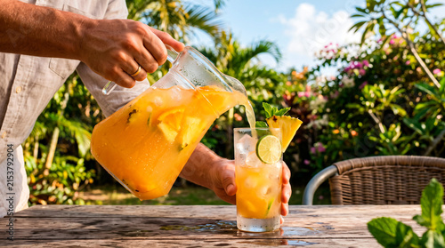 Refreshing tropical fruit punch being poured into a glass outdoors