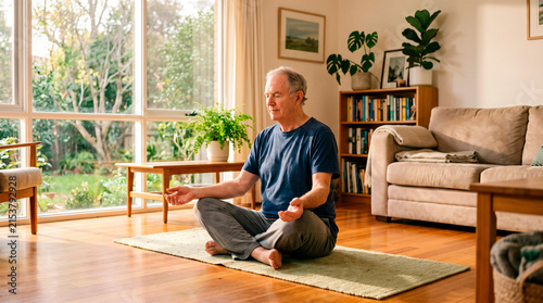 Elderly man meditating peacefully in a sunlit living room with large windows
