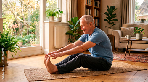 Elderly man doing stretching exercises at home for a healthy lifestyle