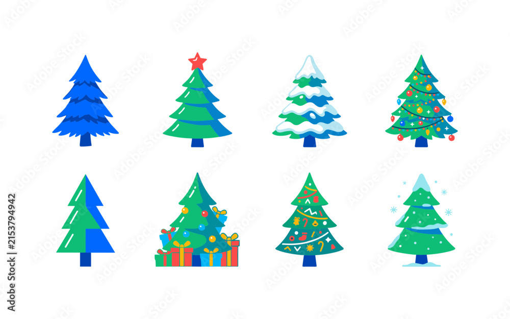 Obraz premium Hand Drawn Fir Trees, bright flat vector icon set featuring sketch pine, star-topped fir, snowy tree, ornament tree, minimalist tree, gift tree, covering Christmas, New Year, winter cards, seasonal
