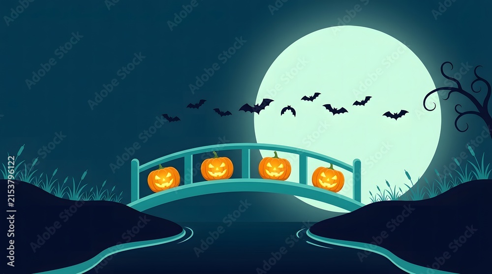 Naklejka premium Spooky halloween night scene with glowing jack o lanterns on a bridge under a full moon