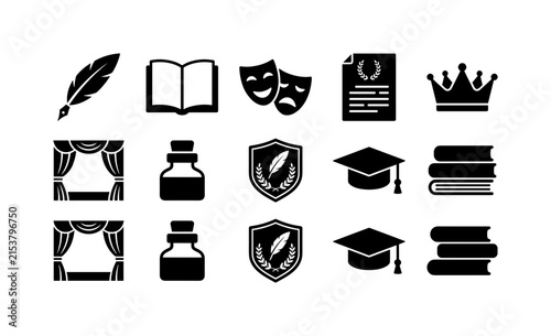 Shakespeare Literature Symbols, solid glyph icon set featuring quill pen, open book, theater mask, sonnet page, crown, stage curtain, ink bottle and literature badge, covering Shakespeare, English