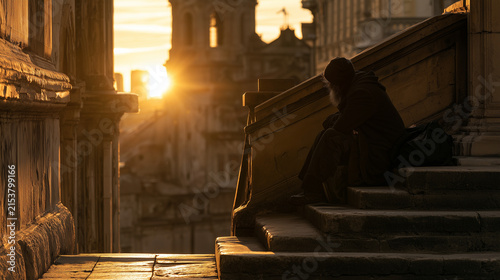 A homeless man looking toward the sunrise while sitting on the steps of an old building