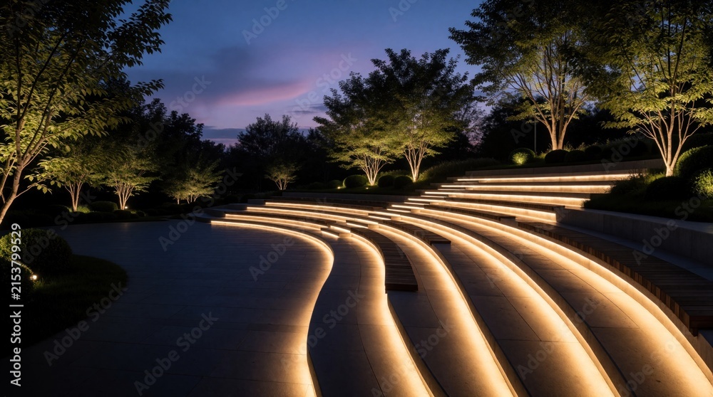 Fototapeta premium Modern outdoor amphitheater with illuminated tiered seating at dusk. Curved concrete stpic glow with warm light in urban park. Trees surround scenic open air venue under twilight sky. Beautiful