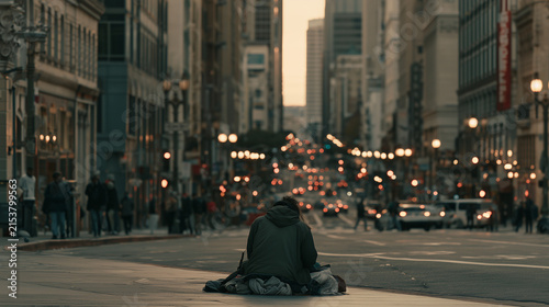 A wide cinematic view of an urban street highlighting the contrast between modern city life and homelessness, with a respectful and compassionate perspective