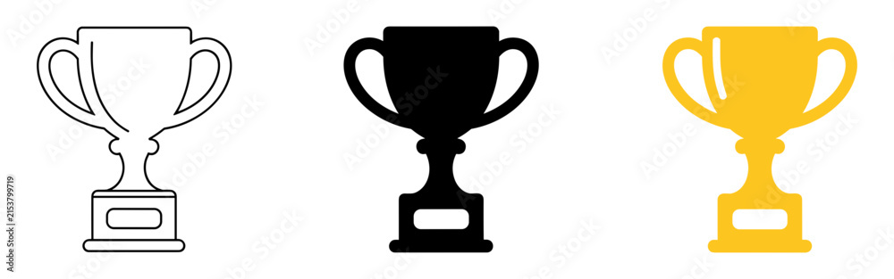Fototapeta premium Collection of three trophy icons representing achievement victory and success presented in outline silhouette and solid color styles