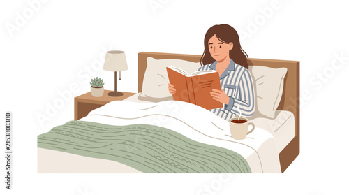 Cozy Morning Read: A woman in pajamas enjoys a quiet morning reading a book in bed, with a warm cup of coffee on her bedside table, illustrating a peaceful start to the day.