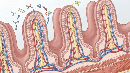 Illustration of the small intestine villi, showing the absorption of nutrients and blood vessels. Detailed medical diagram of intestinal villi