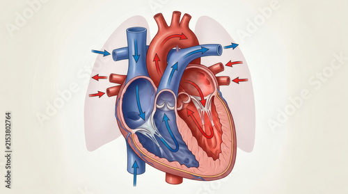 An illustration of the human heart with blood flow indicated by blue and red arrows, alongside lungs
