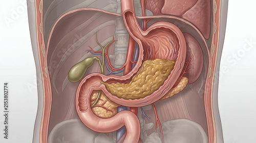 Anatomical illustration of the human digestive system, focusing on the stomach, pancreas, and gallbladder