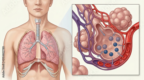 An illustration depicting the human respiratory system, with a close-up view of alveoli and capillaries showing gas exchange