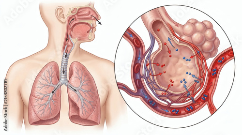 Diagram of the human respiratory system, highlighting the lungs and alveoli with blood vessels