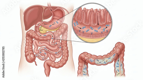 Illustration of the human digestive system, highlighting the intestines and stomach, with a magnified view of the gut microbiome. The image depicts bacteria within the intestinal lining and lumen