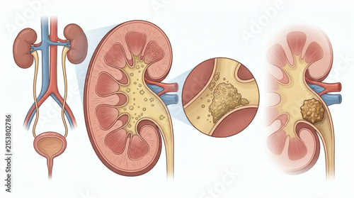 An illustration showing the human urinary system, with a focus on kidney stones and their formation. The image depicts a cross-section of a kidney with stones, a magnified view of the stones.