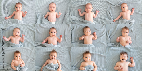 Collage of twelve close-up portraits of cute baby boy growing up from 1 to 12 months, lying on blue blanket. Baby growth chart. Monthly baby photoshoot. Baby milestone collage. From newborn to toddler