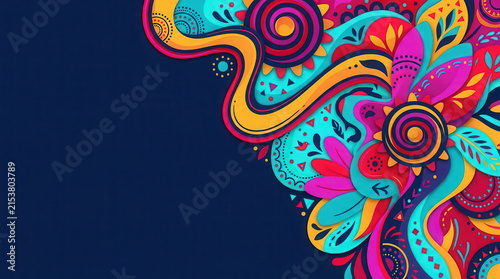 Hispanic Heritage Month cultural background with vibrant Mexican inspired folk patterns, colorful paisley motifs, floral ornaments and intricate decorative shapes on deep navy, celebrating heritage