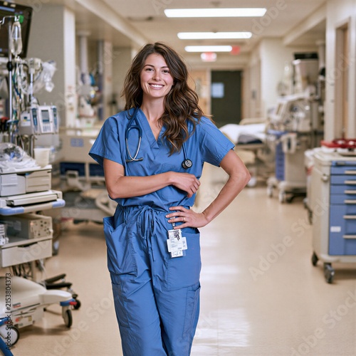 A smiling female healthcare professional stands confidently in a hospital hallway.