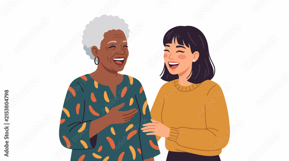 Obraz premium Intergenerational Connection: A joyful moment shared between an elder woman with grey hair and a younger woman, both laughing heartily and connecting across generations.