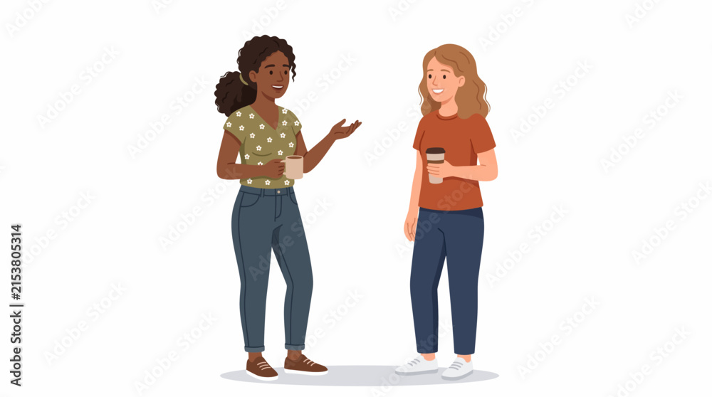 Fototapeta premium Friendly Conversation Over Coffee: Two women of diverse backgrounds enjoy a relaxed chat while holding coffee cups, sharing a moment of connection and casual dialogue.