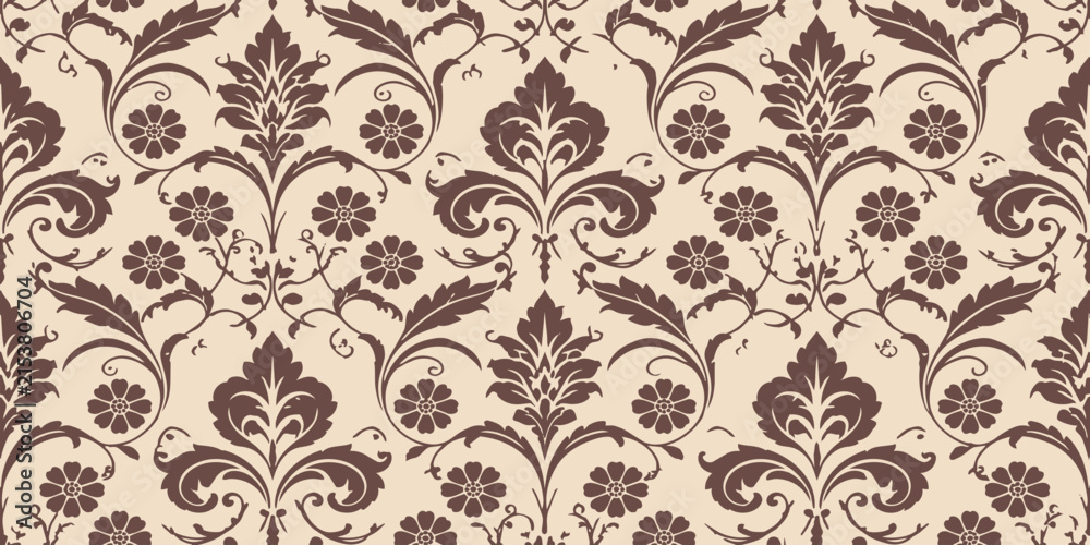 Obraz premium Classic Damask Pattern: An intricate and timeless damask pattern, featuring ornate floral motifs and scrolling acanthus leaves in rich brown against a soft beige background.