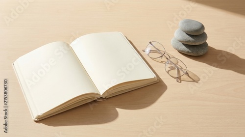 Open blank notebook with zen stones and glasses on wooden desk
