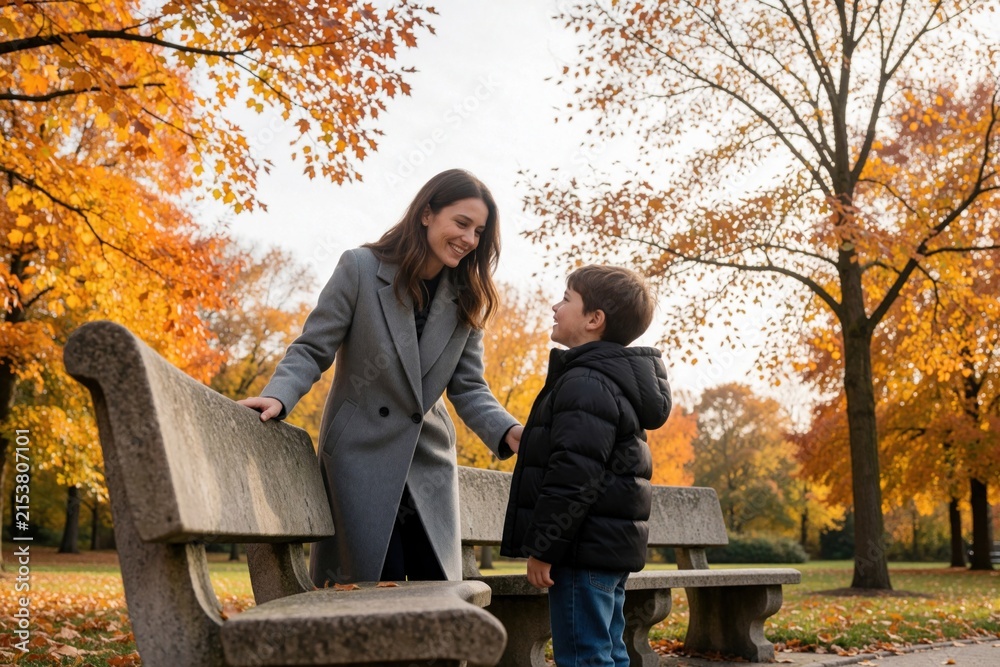 Fototapeta premium Mother and son talk in autumn park near stone bench. Vibrant orange leaves on trees create backdrop for happy family bonding. Boy smiles at woman during fall day.