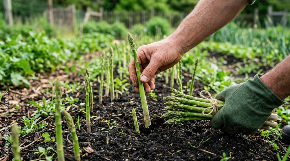 Fototapeta premium Fresh Asparagus Harvest In A Garden By Hand