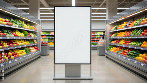 Blank digital advertising display mockup in supermarket produce aisle, retail promotion and marketing concept