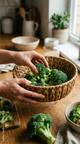 Fresh Broccoli Being Prepared In A Rustic Kitchen Setting