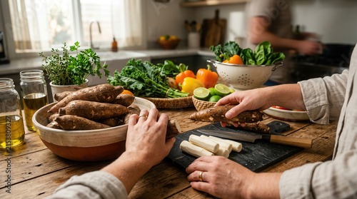 Fresh Cassava Root Preparation For Nutritious Cooking And Wholesome Meals In A Kitchen Setting