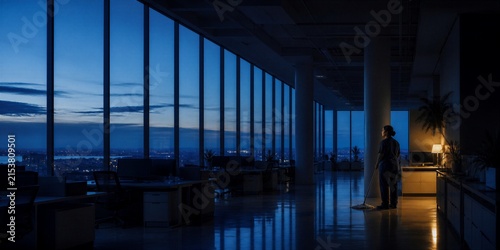Woman cleaning a quiet office at night with city lights beyond floor-to-ceiling windows. After-hours workplace maintenance and nighttime business atmosphere.