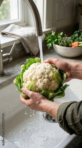 Fresh Cauliflower Being Washed In A Kitchen Sink Healthy Cooking Preparation