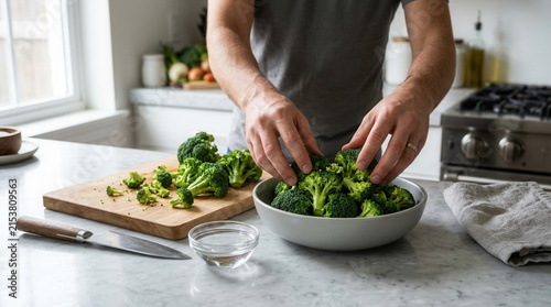 Fresh Broccoli Florets Being Prepared For Healthy Meal Preparation In A Bright Kitchen