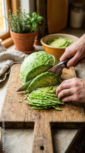 Fresh Cabbage Being Chopped Preparing Healthy Ingredients For Cooking And Eating
