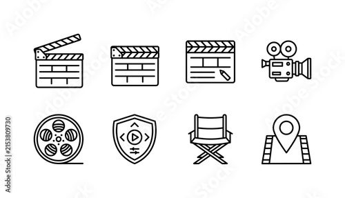 Movie Clapperboards Set, line icon set featuring open clapperboard, closed clapperboard, film slate, cinema camera, film reel, video production badge, director board and movie scene marker, covering