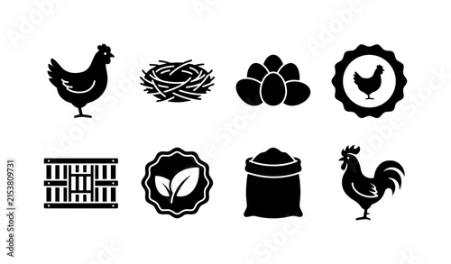 Chicken Farm Labels, solid glyph icon set featuring hen, nest, eggs, farm badge, poultry crate, organic label, grain sack, covering poultry farming, eggs, organic food, farm markets, packaging,