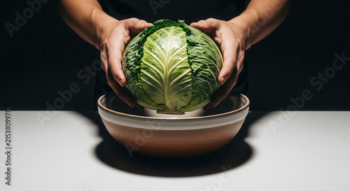 Fresh Cabbage Being Held Over A Bowl Ready For Preparation