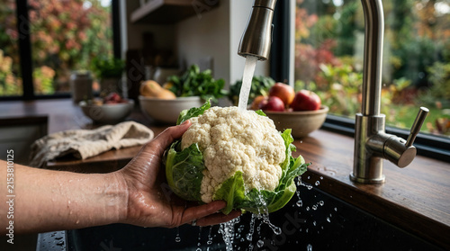 Fresh Cauliflower Being Washed Under Running Water In A Kitchen Sink Displaying Healthy Eating