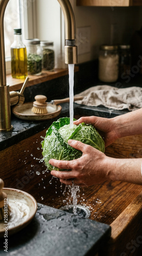 Fresh Cabbage Being Washed Under Running Water In A Kitchen Sink