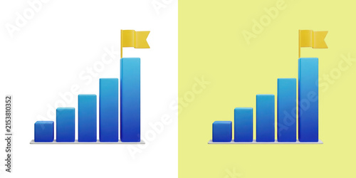 3D growth bar chart with a yellow goal flag icon