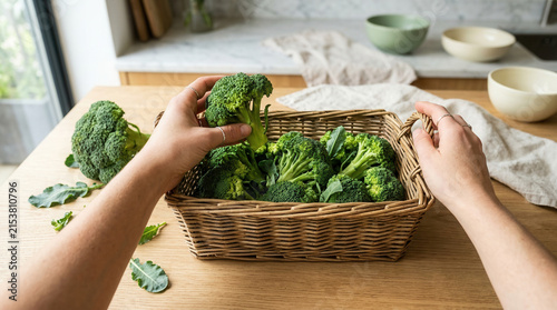 Fresh Broccoli Harvested For Healthy Eating And Meal Preparation In A Wicker Basket