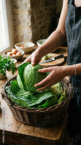 Fresh Cabbage Harvest In A Rustic Kitchen Basket