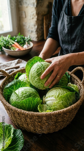 Fresh Cabbage Harvest In A Woven Basket Food Preparation Scene