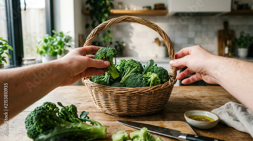Fresh Broccoli Harvested From A Garden Into A Rustic Kitchen Basket