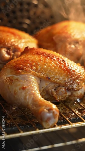 Juicy roasted chicken legs sizzling in oven with steam rising and golden skin glistening