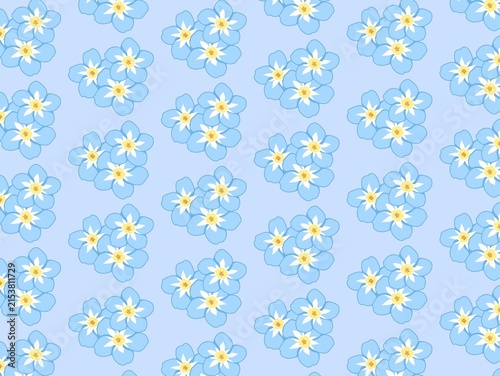 Foto Patterned with clusters of light blue flowers, each with five petals and a central yellow core, resembling Myosotis (common name forget-me-nots), set against a soft blue background