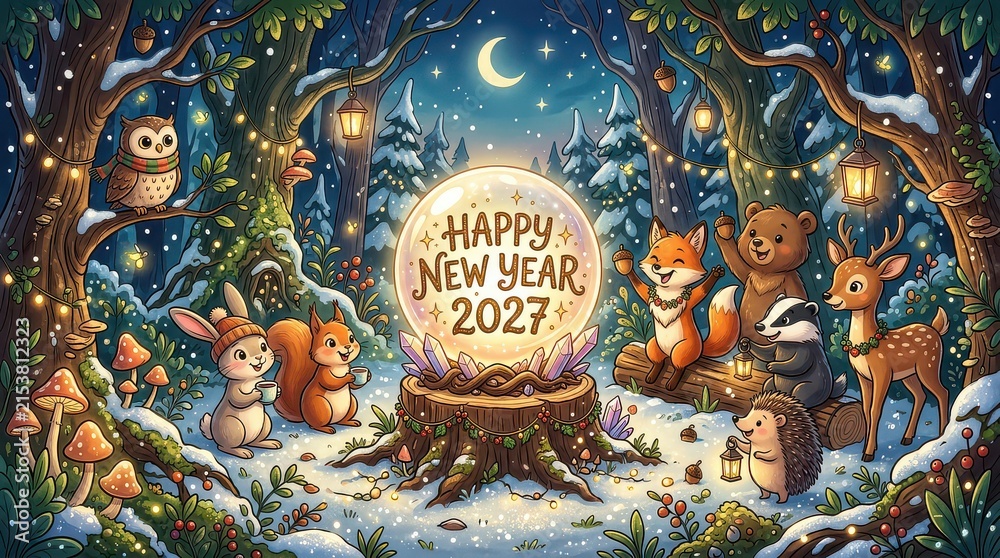 Fototapeta premium Woodland Animals Celebrate New Year 2027 with Crystal Ball