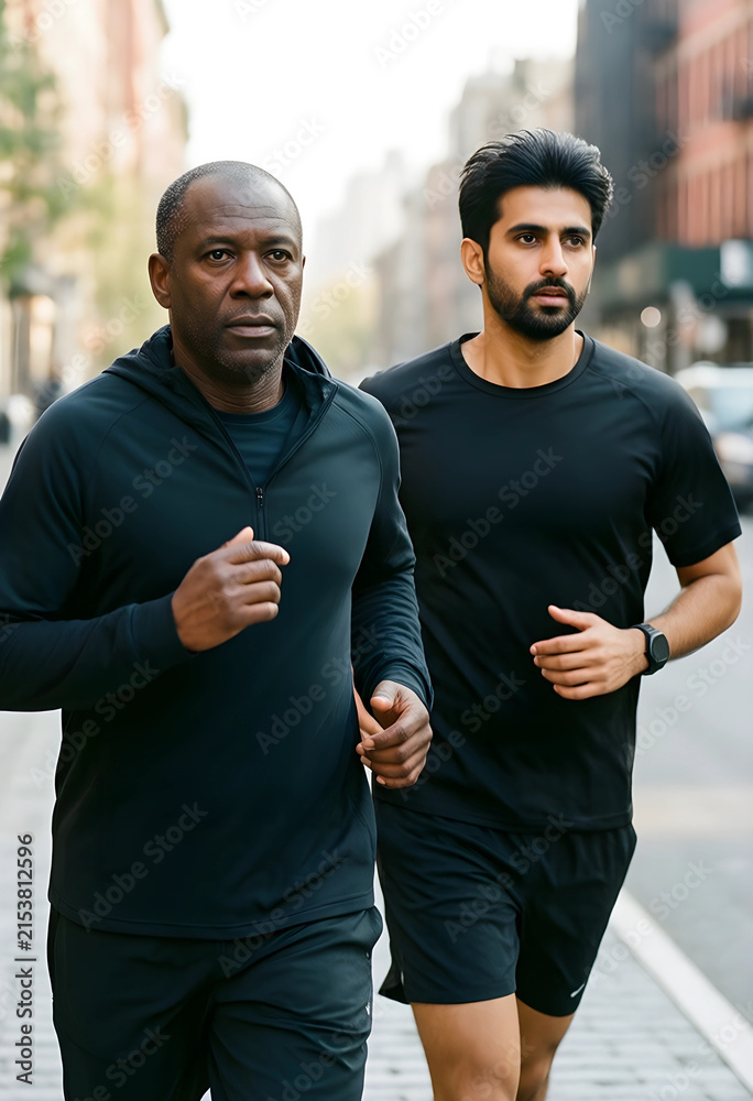 Naklejka premium Two men running outdoors on a city street, diverse friends exercising together for health and wellness, urban fitness lifestyle